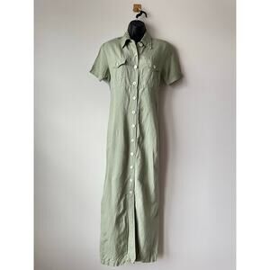 Vintage 90s Sage Linen Button Front Maxi Dress | Minimalist Utility | Size 6